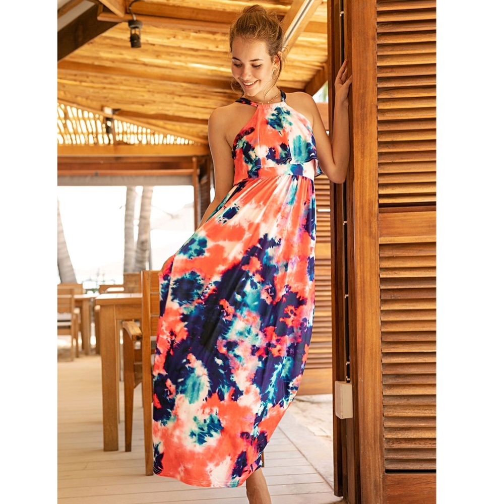 Tie Dye Halter Ruffle Top Maxi Dress Multicolor - Picture 6 of 8